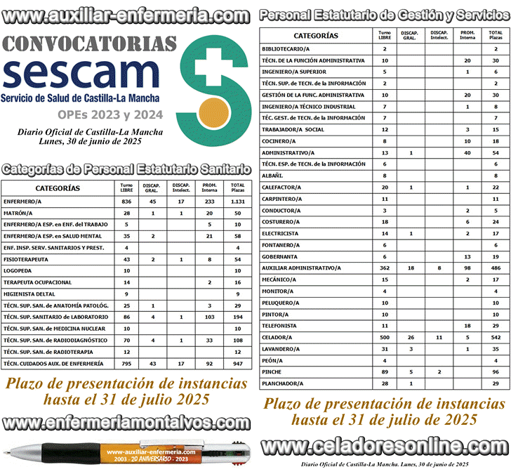 CONVOCATORIA DE PLAZAS DE DISTINTAS CATEGORAS DE PERSONAL SANITARIO Y PERSONAL DE GESTIN Y SERVICIOS DEL SESCAM - SERVICIO DE SALUD DE CASTILLA-LA MANCHA