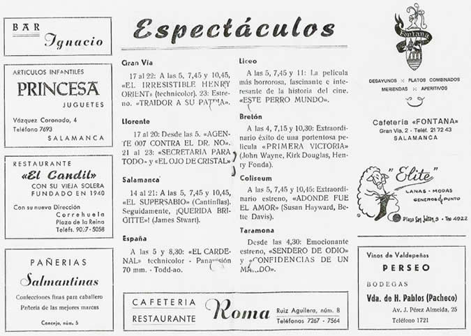 Cartelera de Cine, Salamanca. Octubre 1965